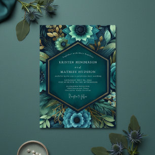 Convites Casamento Romance Floral Verde-azulado Luxuriante
