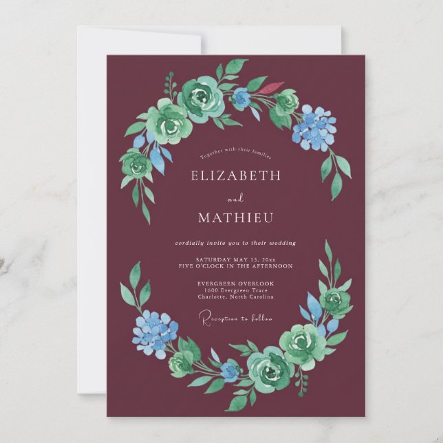 Convites Casamento Romance Floral Verde Borgonha (Frente)