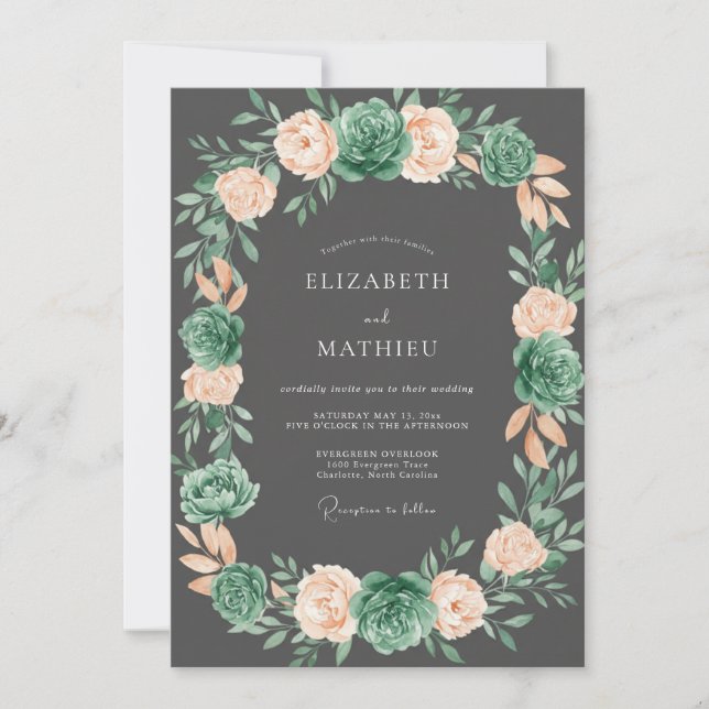 Convites Casamento Romance Floral Verde Coral Cinza (Frente)