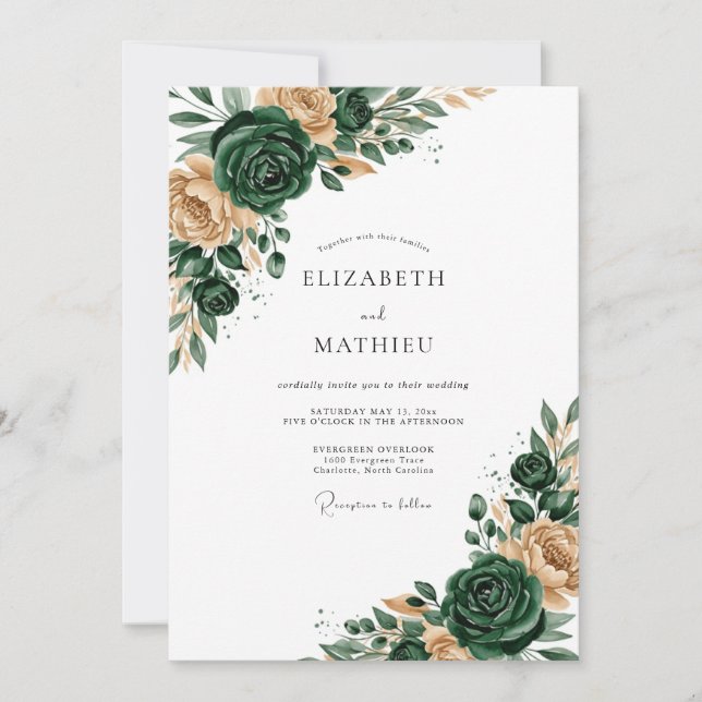 Convites Casamento Romance Floral Verde Esmeralda (Frente)