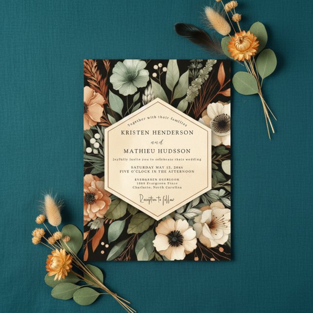 Convites Casamento Romance Floral Verde Profundo de Outono (Criador carregado)
