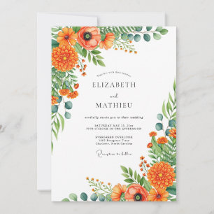 Convites Casamento Romance Floral Vibrante Laranja