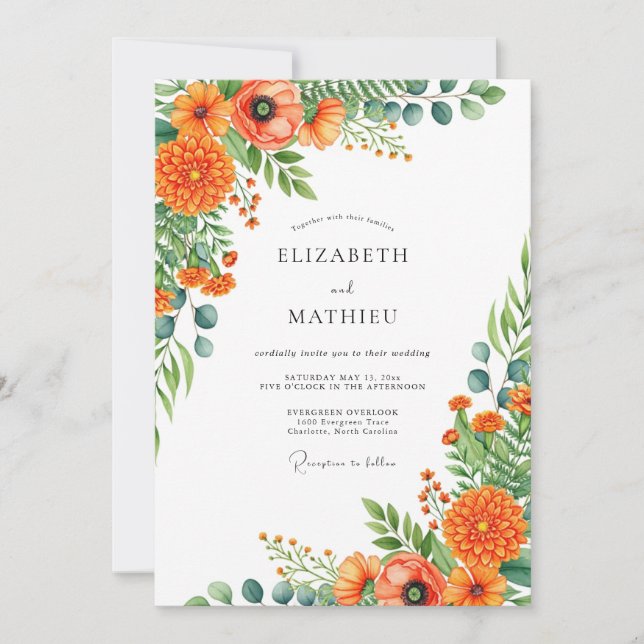 Convites Casamento Romance Floral Vibrante Laranja (Frente)