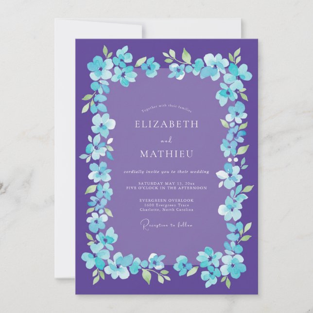 Convites Casamento Romance Floral Vibrante Roxo (Frente)