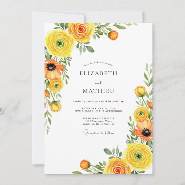 Convites Casamento Romance Florido Amarelo (Frente)