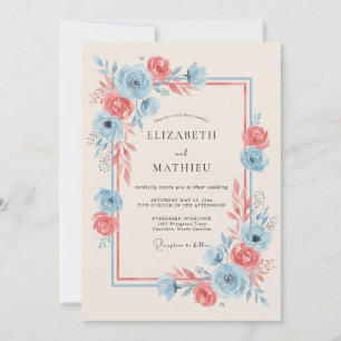 Convites Casamento Romance Florido Azul Coral