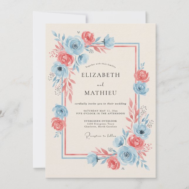 Convites Casamento Romance Florido Azul Coral (Frente)