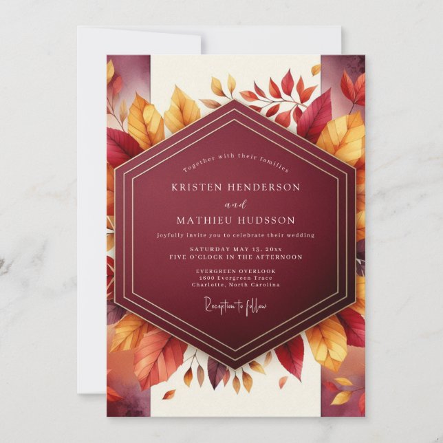 Convites Casamento Romance Folha Borgonha (Frente)