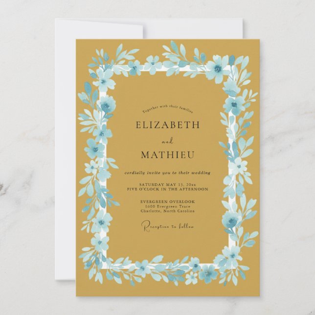 Convites Casamento Romance Mustard Azul Florido (Frente)