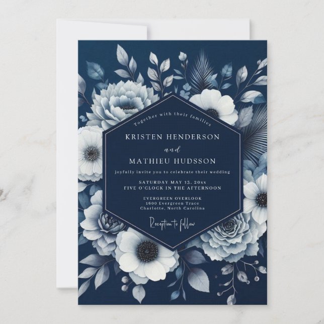 Convites Casamento Romance Navy Bloom (Frente)