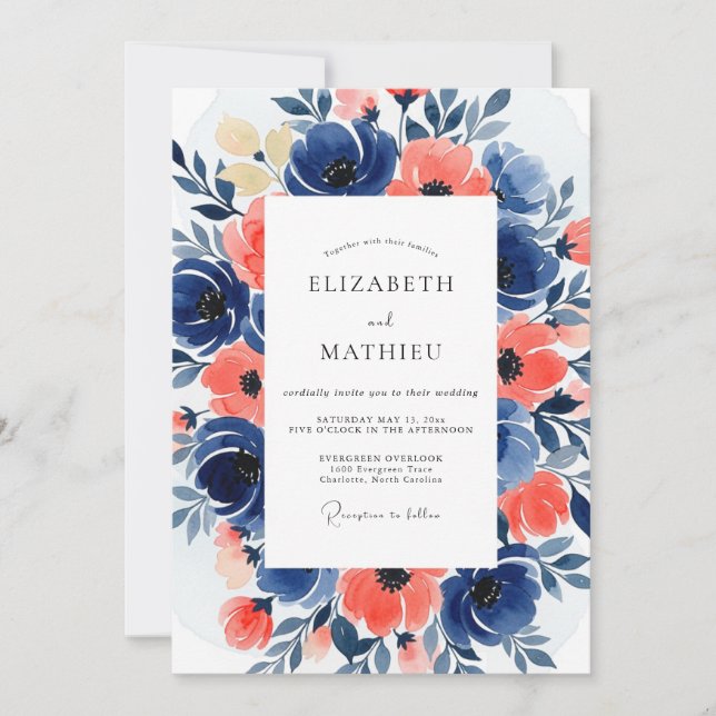 Convites Casamento Romance Navy Coral Bloom (Frente)