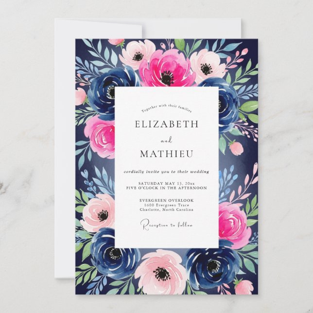 Convites Casamento Romance Navy Pink Bloom (Frente)