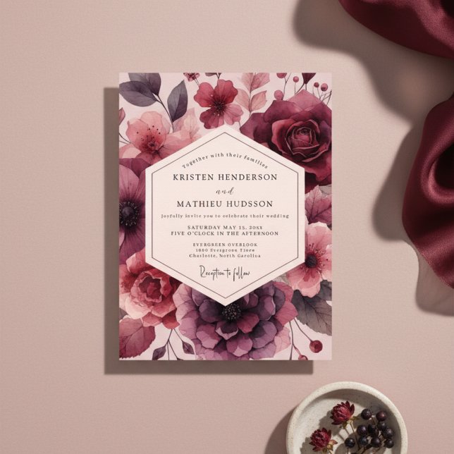 Convites Casamento Romance Opulento Floral Borgonha (Criador carregado)