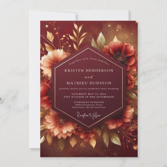 Convites Casamento Romance Outonal Floral Borgonha (Frente)