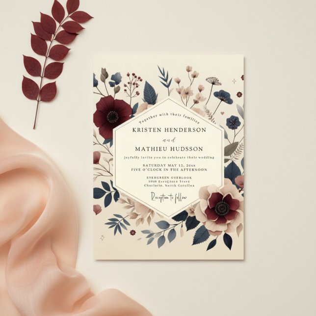 Convites Casamento Romance Outonal Floral Borgonha (Criador carregado)