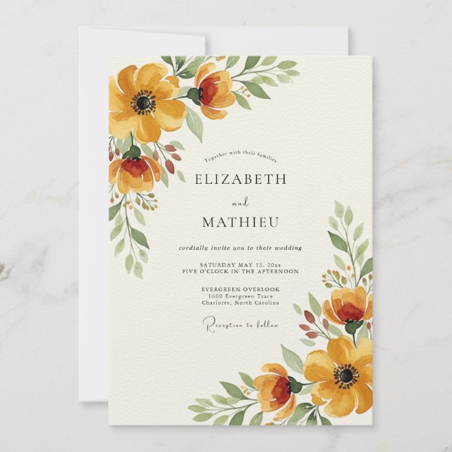 Convites Casamento Romance Outonal Floral Dourado (Frente)