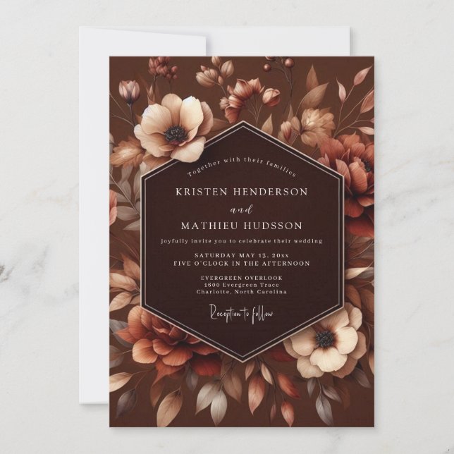 Convites Casamento Romance Outono Flor de Marrom (Frente)