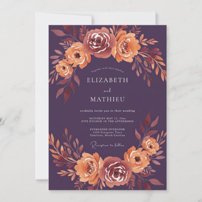 Convites Casamento Romance Outono Floral Ameixa (Frente)