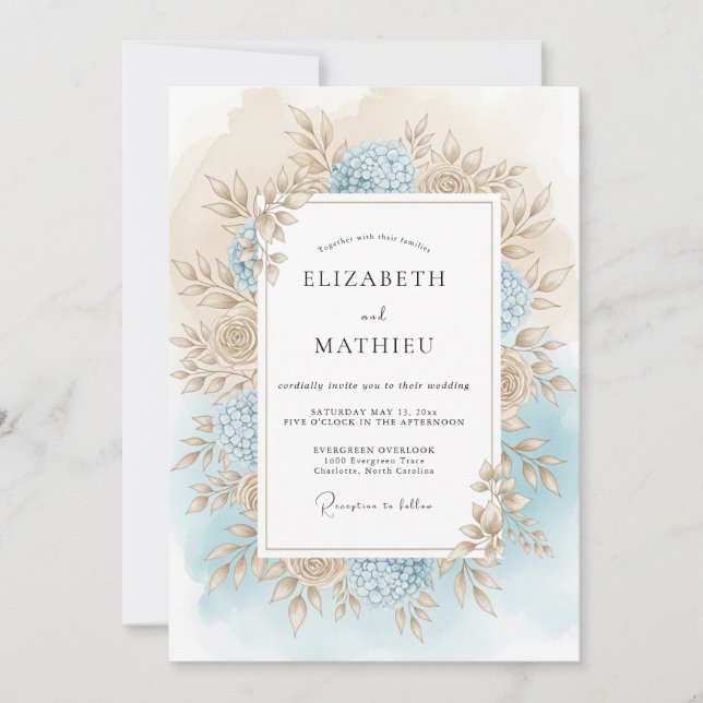 Convites Casamento Romance Outono Floral Azul (Frente)