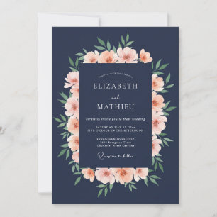 Convites Casamento Romance Peônia Beijo Azul-Marinho