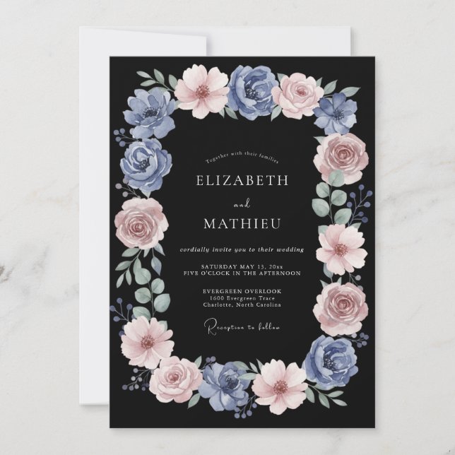 Convites Casamento Romance Rosa Azul Empoeirado (Frente)