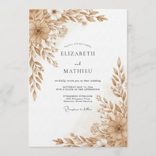 Convites Casamento Romance Tan Floral Pincelada