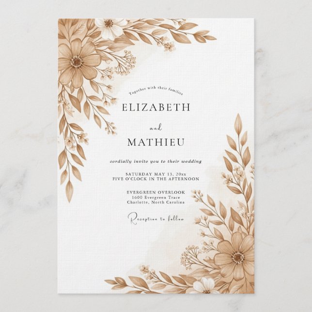 Convites Casamento Romance Tan Floral Pincelada (Frente)