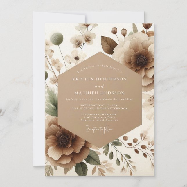 Convites Casamento Romance Taupe Bloom (Frente)
