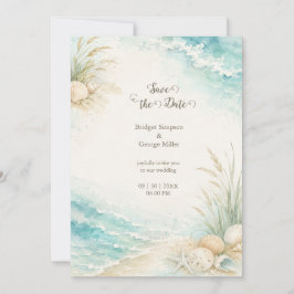 Convites Casamento Romântico à Beira-Mar Aquarela Praia