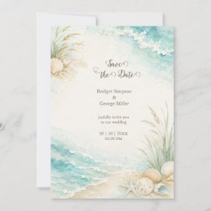Convites Casamento Romântico à Beira-Mar Aquarela Praia