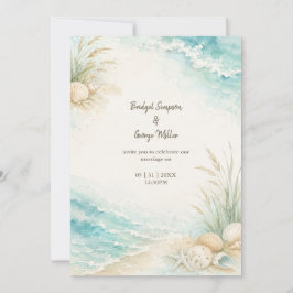 Convites Casamento Romântico à Beira-Mar em Aquarela na Pra