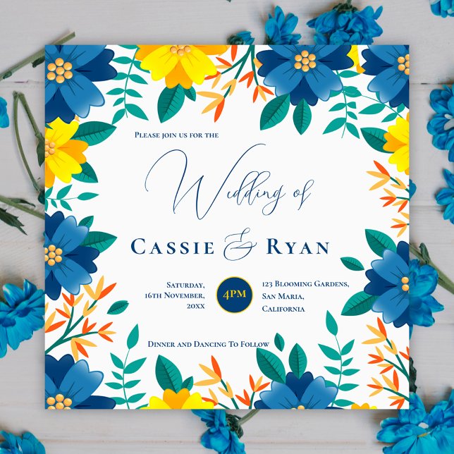 Convites Casamento Romântico Amarelo Amarelo Azul bonito (Pretty Bright Blue Yellow Floral Romantic Wedding Invitation)