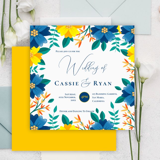 Convites Casamento Romântico Amarelo Amarelo Azul bonito (Pretty Bright Blue Yellow Floral Romantic Wedding Invitation)