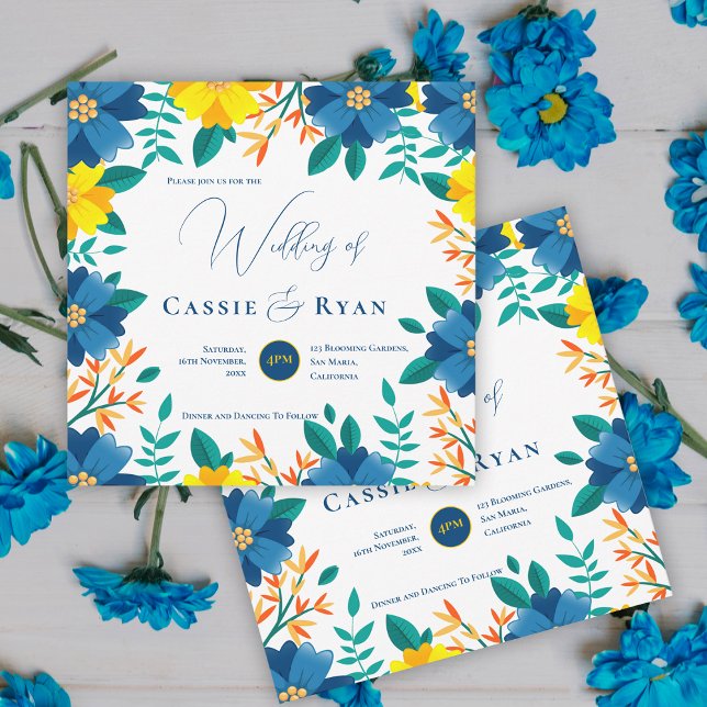 Convites Casamento Romântico Amarelo Amarelo Azul bonito (Pretty Bright Blue Yellow Floral Romantic Wedding Invitation)
