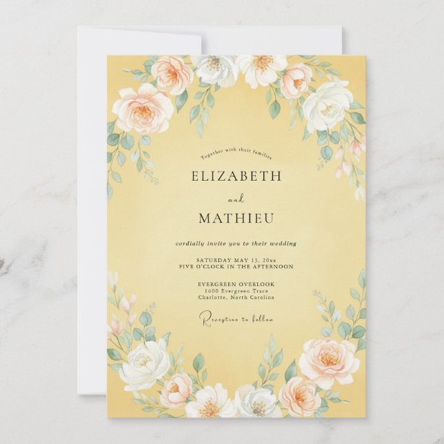 Convites Casamento Romântico Amarelo Cremoso de Primavera (Frente)