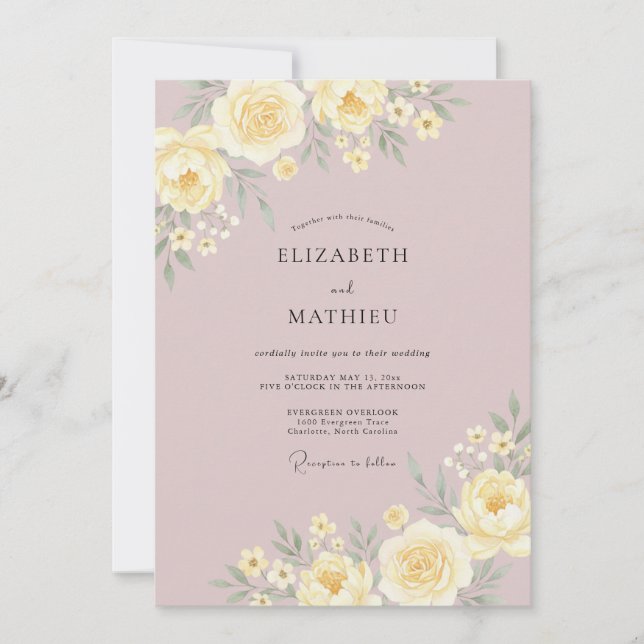 Convites Casamento Romântico Amarelo Suave (Frente)