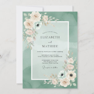 Convites Casamento Romântico Arejado em Verde Salvia