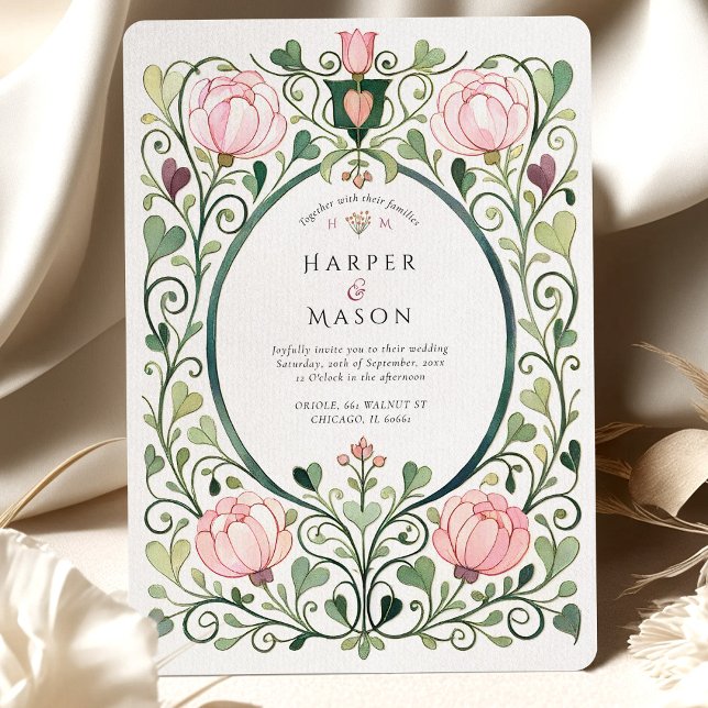 Convites Casamento Romântico Art Nouveau com Peônia Rosa (Criador carregado)