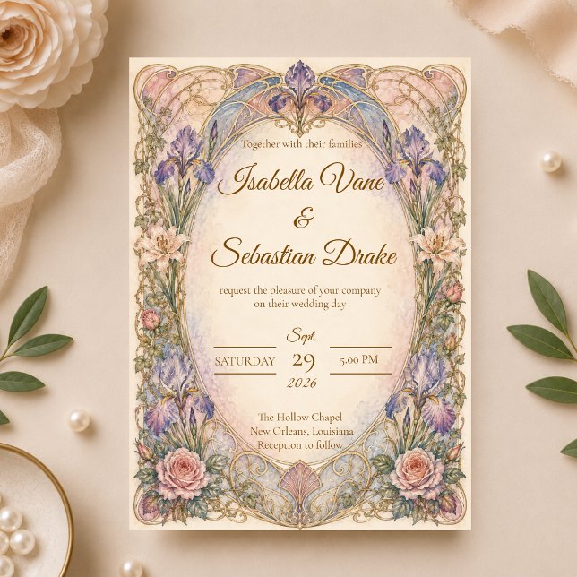 Convites Casamento Romântico Art Nouveau Iris (Criador carregado)