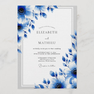 Convites Casamento Romântico Artístico Floral Azul