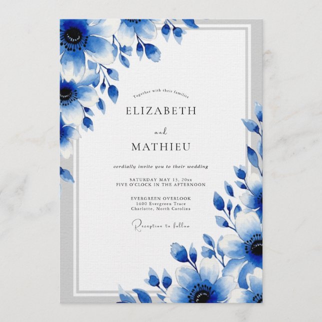 Convites Casamento Romântico Artístico Floral Azul (Frente)