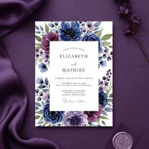 Convites Casamento Romântico Artístico Floral Índigo
