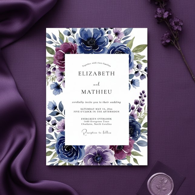 Convites Casamento Romântico Artístico Floral Índigo (Criador carregado)