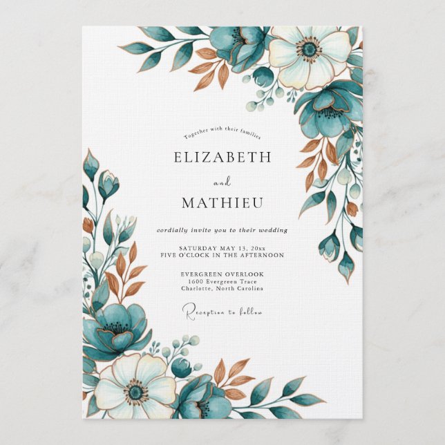 Convites Casamento Romântico Artístico Floral Turquesa (Frente)