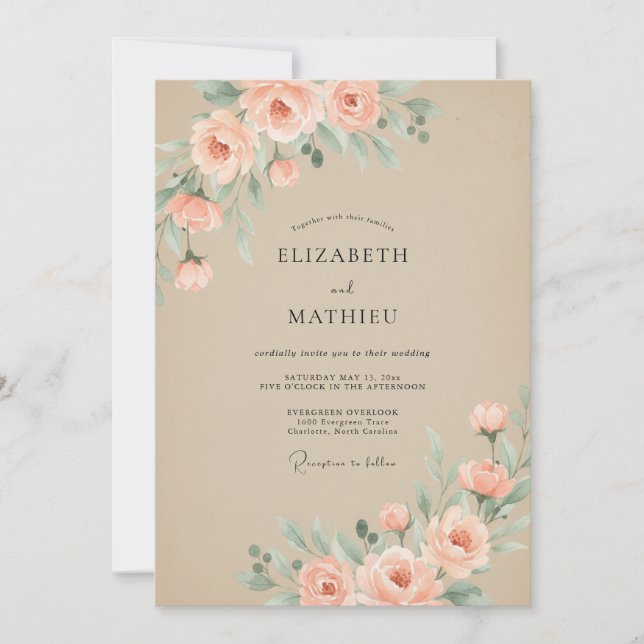 Convites Casamento Romântico Atemporal de Champanhe (Frente)