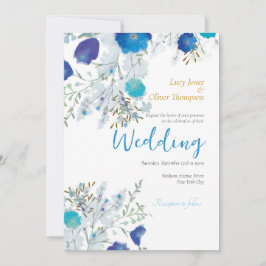 Convites Casamento Romântico, Azul e Dourado, Floral