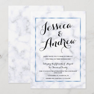 Convites Casamento Romântico Azul Mármore