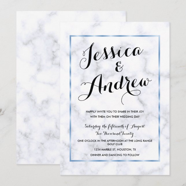 Convites Casamento Romântico Azul Mármore (Frente/Verso)