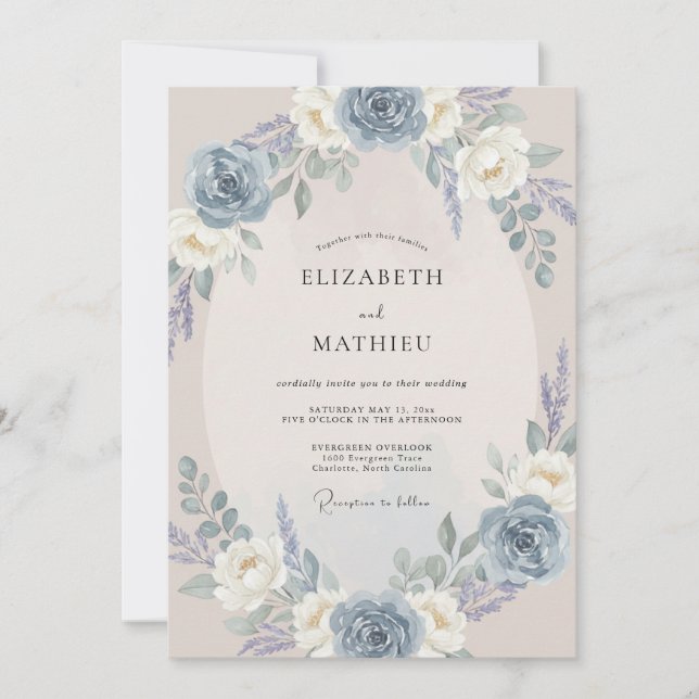 Convites Casamento Romântico Azul Sereno Empoeirado (Frente)