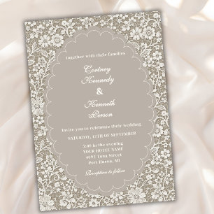 Convites Casamento Romântico Bege Renda Marfim Elegante Vin